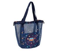 Safta - Borsa da spiaggia Surf in rete, tasca frontale e chiusura con cordoncini, manici superiori lunghi, leggera e resistente, design blu marino con stampa, dimensioni 28 x 28 x 34 cm