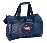 Safta - Borsa da spiaggia tipo tracolla Safta Surf, griglia blu navy con stampa, tracolla regolabile fissa, maniglia superiore foderata, tasca frontale con cerniera, doppio manico, misure 47 x 27 x 26