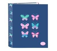 SAFTA | Cartella Formato Folio Blackfit8 Farfalle 4 Anelli Tondi 40 mm, Dorso Largo 60 mm, Copertine Rigide Rivestite, Raccoglitore Scolastico Resistente per, Blu Navy, Dimensioni 27x6x33 cm