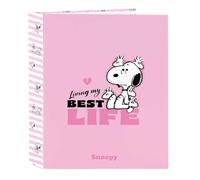 SAFTA | Cartella Formato Folio Snoopy 4 Anelli Tondi 40 mm, Dorso Largo 60 mm, Copertine Rigide Rivestite, Raccoglitore Scolastico Resistente per, Design Rosa a Righe, Dimensioni 27x6x33 cm