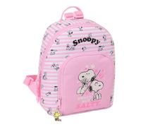 Safta Mini zaino scolastico Snoopy Sweet But Salty, per bambini e ragazzi, rosa a righe, doppia cerniera con maniglia, tasca anteriore e posteriore, tasca interna, zaino da ragazza, dimensioni 25 x 13