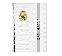 Safta Real Madrid 1ª squadra 24/25 - Taccuino a libro 80 fogli con copertina rigida 1design, ideale per bambini di diverse età, comodo e versatile, 21,5 x 1 x 31 cm, colore: bianco/grigio