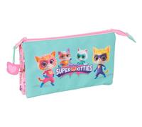 Safta SUPERKITTIES - Astuccio triplo, astuccio per bambini, ideale per bambini in età scolastica, comodo e versatile, qualità e resistenza, 22 x 3 x 12 cm, Rosa chiaro/Turchese pastello, M, Casual
