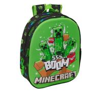 safta | Zaino scolastico Minecraft 3D TermoconFormada, Frontale Rígido in Rilievo, Spallacci Imbottiti e Ergonomici, Tasca Laterale Portaborraccia, Maniglia Superiore, Verde e Nero,