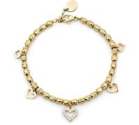 SAGA GIOIELLI® Bracciale donna con granelli martellati e charm cuori con cristalli - donna in Acciaio inox - Lunghezza 17,5+3 cm Confezione Regalo - Regalo per fidanzata - Anniversario (DORATO)