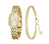 SAGA Orologio da donna di lusso e bracciale in cristallo, quadrante ovale in madreperla, numeri romani, quarzo svizzero, resistente all'acqua fino a 3 atm, elegante set regalo in due pezzi, Oro, Lusso