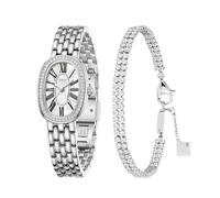 SAGA Orologio da donna di lusso e bracciale in cristallo, quadrante ovale in madreperla, numeri romani, quarzo svizzero, resistente all'acqua fino a 3 atm, elegante set regalo in due pezzi, Argento