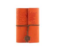 SagaSave A6 Vintage Leather Journal, Refillable Journal Notepad with Blank Brown Paper and Retro Leaf Pendant, Travel Diary, Gifts for Men Women [Orange]