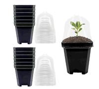 SagaSave Set di 12 vasi per piante da vivaio, 15,5 cm, quadrati, in plastica, con cupola per umidità e vassoio, piccoli contenitori per piante per piantine, talee, trapianti (nero)