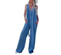 SaiDeng Salopette da donna in denim, con tasche, schiena scoperta e senza maniche, con scollo a V, in cotone, oversize, look baggy, blu jeans, L