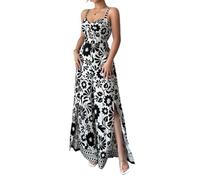 SaiDeng Salopette da donna Jeans - Tuta senza maniche stampata con nodo ritorto, spalline sottili, motivo floreale e gamba larga, Nero , S