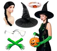 Saier tbo 5 pezzi costume da strega da donna, set di accessori da strega verdi, con cappello da strega, guanti lunghi, anello con gemma rossa per adulti, Halloween, cosplay, feste a tema