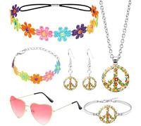 Saier tbo 6 pezzi accessori per costume hippie vintage anni '70 Flower Power accessori con margherite copricapo occhiali amore collana orecchini bracciale da donna carnevale festa, Universalgröße