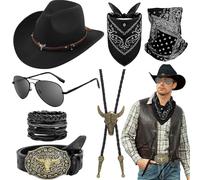 Saier tbo 7 accessori da cowboy occidentale per adulti, costume da cowboy selvaggio West con cappello, occhiali, bandana, maschera, collana, bracciale, cintura, per donne e uomini, feste a tema