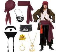 Saier tbo 8 Pezzi Costume Pirata per Uomo Donna, Medievale Capitano Pirata Accessori con Bandana Cintura Bracciale Occhiello Anello per Halloween Carnevale Adulti Cosplay