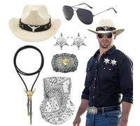 Saier tbo Kit per travestimento da cowboy occidentale, 7 pezzi, bianco retrò western, set di accessori con cappello da cowboy, maschera, occhiali, collana, distintivo, per Halloween, carnevale