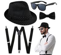 Saier tbo Set di 4 accessori da uomo, anni '20, costume da gangster anni '20, kit di accessori per costume da gangster con cappello nero a righe, bretelle per pantaloni, papillon per adulti, Halloween