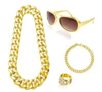Saier tbo Set di 4 accessori per costume da magnaccia, hip hop, con collana d'oro, segno del dollaro, anello da sole retrò, bracciale dorato, costume per rapper donna e uomo