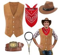 Saier tbo Set di 5 Pezzi per Costume da Cowboy per Uomini, Set di Abbigliamento da Cowboy Occidentale con Cappello, Gilet, Bandana, Bolo, Fibbia, Cintura e Collare per Carnevale, Cosplay e Fantasie