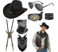Saier tbo Set di 7 Pezzi per Costume da Cowboy per Uomo, Set di Accessori da Costume da Cowboy con Cappello, Occhiali, Bandana, Maschera, Collana, Bracciale e Cintura per Adulti, Donne, Halloween