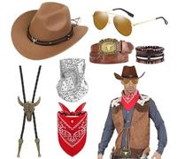 Saier tbo Set di 7 Pezzi per Costume da Cowboy per Uomo, Set di Accessori da Costume da Cowboy con Cappello, Occhiali, Bandana, Maschera, Collana, Bracciale e Cintura per Adulti, Donne, Halloween