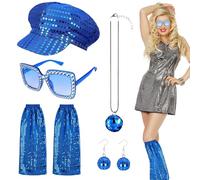 Saier tbo Set di accessori da discoteca anni '70, 5 pezzi, da donna, blu, accessori per costume con cappello con paillettes, scaldamuscoli, occhiali da sole, orecchini, collana per adulti retrò anni