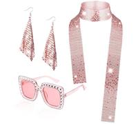 Saier tbo Set di accessori da discoteca da donna, 3 pezzi anni '70, set di accessori da discoteca con paillettes rosso rosa, sciarpa, orecchini da sole per Halloween, Carnevale, retrò, feste a tema