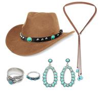 Saier tbo Set di accessori per cappelli da cowboy occidentali, da donna, anni '70, in stile bohémien, con cappello da cowboy, turchese, orecchini per adulti, cosplay e carnevale, marrone, Taglia Unica