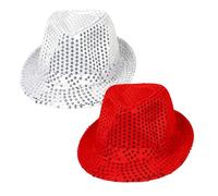 SAIIURV 2 Pezzi Cappello con Paillettes Unisex, Cappellini Jazz Glitterati, Cilindro da Discoteca per Uomo, Hip Hop Cappello, Jazz Fedora per Carnevale e Festa in Maschera (Argento, Rosso)