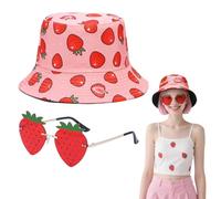 SAIIURV 2 Pezzi Cappello Pescatore, Cappello da Pescatore Donna Cappello da Spiaggia Fragola + Occhiali a Fragola, Cappello da Sole per Spiaggia all'Aperto, per Carnevale Festival Musicale (Rosa)
