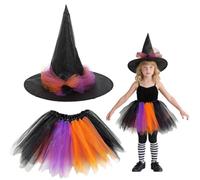 SAIIURV 2 Pezzi Costume da Strega per Bambini, Halloween Strega Costume, Strega Cosplay Costume, Cappello da Strega e Gonna Tutu, Vestito Strega Bambina, per Halloween per 3-12 Anni Ragazza