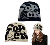 SAIIURV 2 Pezzi Y2K Hip-Hop Beanie per Uomini e Donne, Letter Pattern Berretti in Maglia Inverno Cappello da Berretto Classico Skull cap per Sci Viaggi Campeggio (IT, Testo, Taglia Unica, 2 Colori)