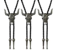 SAIIURV 3 Pezzi Bolo Cravatta Cranio Della Mucca Catena, Bolo Tie Western Vintage, Cravatte da Cowboy Bronzo Collana in Pelle Regolabile, Accessori per Costumi da Cowboy per Uomo Donna (Argento)