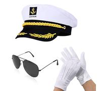 SAIIURV 3 Pezzi Cappello da Marinaio, Cappello Capitano Adulto per Festa, Cappello da Capitano Regolabile con Guanti, Occhiali da sole, per Yacht Donna Uomo Cosplay Halloween Carnevale (Bianco)