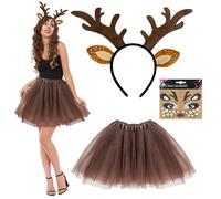 SAIIURV 3 Pezzi Costumi da Natale da Renna per Donna Costume Animale Orecchie di Cervo Fascia Tatuaggio Viso Cervo Gonna Tutu, Cosplay Renna per Adulto Fancy Dress Halloween Natale Costume (3PCS)