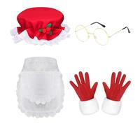 SAIIURV 4 Pezzi Costume Babbo Natale Donna, Cappello Natalizio Grembiule Guanti Occhiali Babbo Natale Costume da Cameriera per Natalizio Carnevale Festa (4 Pezzi)
