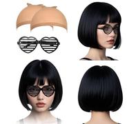 SAIIURV 4 Pezzi Nero Parrucca Caschetto Black Bob con Bangs parrucca nera corta Capelli Della Signora Di Modo Festa Parrucche Parrucca sintetica resistente al calore Daily Party (Nero)