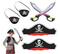 SAIIURV 6 Pezzi Accessori Costume Pirata Bambini Adulti, Cappello Pirata, Benda Occhio, Spada Gonfiabile, Costume da Capitano Accessori Pirata per Feste Halloween Carnevale (6 Pezzi)