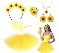 SAIIURV 6 Pezzi Costume Girasole Donna, Gonna Tutu Donna+Fascia Girasole+Orecchini Girasole,Collane,Bracciali, Costume Girasole Accessori per Carnevale, Halloween, Festa Cosplay (Giallo) (Giallo)