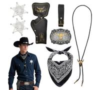 SAIIURV 7 Pezzi Costume da Cowboy per Uomo Cosplay, Western Cowboy Outfit Kit con Paisley Bandana Fondina Cintura Bolo Fibbia Cravatta Collana Sceriffo Distintivo per Carnevale Hippie Costume (Nero)