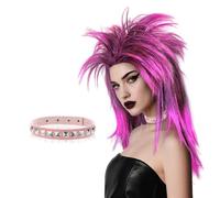 SAIIURV Fucsia Parrucca da Rockstar e Collana, Lunghi Glam Rock Divertente Punk Parrucca Anni 80 Carnevale per Uomo e Donna, Accessori Costumi per Festa Cosplay Halloween (Rosa)