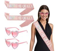 SAIIURV Kit di 4 Bicchieri Regina di Compleanno, Fascia con Glitter Rosa Scintillante per Donne e Ragazze