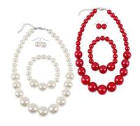 saijer Set di Gioielli Perle Finte, 2 Sets Collana Orecchini & Bracciale Perle Imitazione Donne Ragazze Spose Gioielli per Wedding Party Birthday Gift Rosso e Bianco