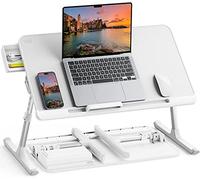 SAIJI Tavolino da letto per computer portatile, regolabile, con cassetto portaoggetti, gambe pieghevoli, piedini per slittino, piano in pelle PVC (bianco)