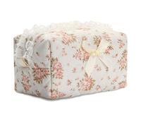 Saikaspotts Borsa per il trucco trapuntata, borsa cosmetica floreale carina fatta a mano estetica rosa borsa da toilette accessori fiore coquette sacchetto di cotone per le donne, Rosa Pizzo, Small