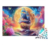 Sailboat Puzzle da 1000 Pezzi per Adulti Nave a Vela Sotto la Luna Piena con Rose Premium Alta Qualità Spesso Robusto Vibrante Sfidante Antistress Regalo 38x26cm/1000pcs