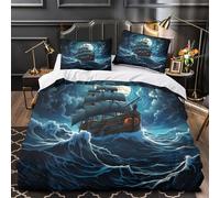 Sailboat Under Moon Set Di Copripiumino morbida microfibra motivo 3D incluso federe 3 Pezzi con cerniera fantasy Oceano Adventure copripiumino ultra traspirante for adulti Super king（260x220cm）
