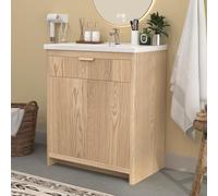Saimeihome Mobile sottolavabo 60 x 47 x 90 cm, mobile da bagno con lavabo in ceramica, lavabo con 2 scomparti dietro le ante, stile scandinavo, colore naturale
