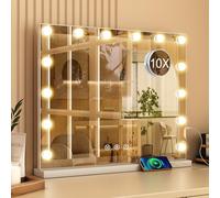 Saimeihome Specchio Trucco con Luce - 14 LED Dimmerabili 3 Modi, 50x40cm Touch Sensor Specchio da Make-Up Hollywood con 10x Ingrandimento, Multiuso Tavolo/Parete
