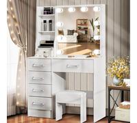 Saimeihome Toeletta Bianco con Luci LED e Sgabello, Tavolo da Toeletta e 6 Cassetti & 6 Ripiani, Specchio Scorrevole, 80x36x130 cm Tavolo Cosmetico per Camera da Letto